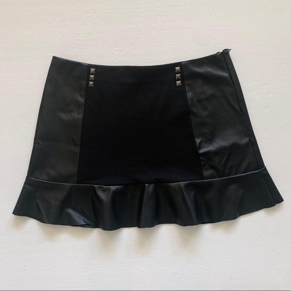 Black Faux Leather Trim Mini Glared Skirt - Sexy!